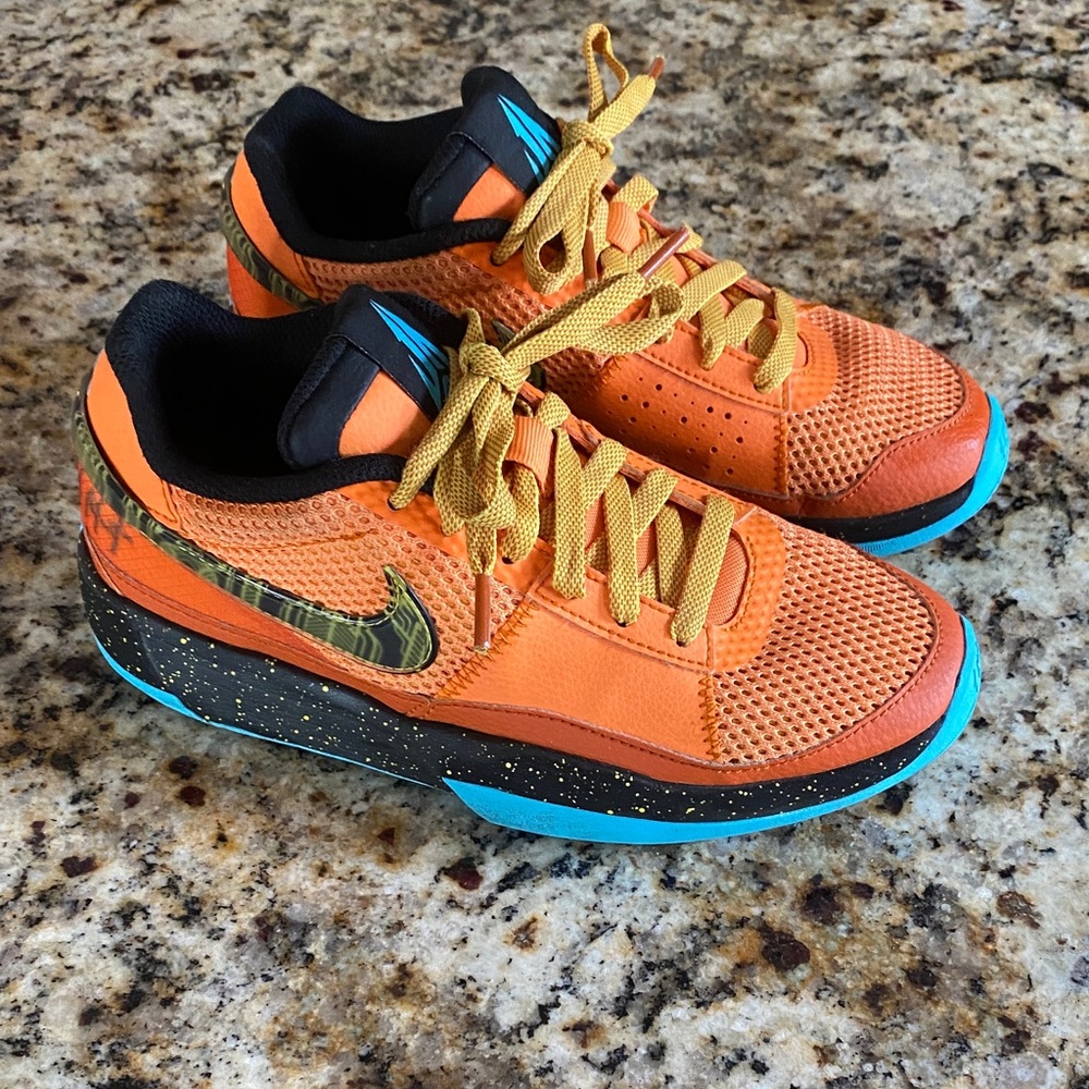 Nike Ja 1 SE Kids Mandarin Orange Sneakers with Yellow Laces and Blue Outsoles